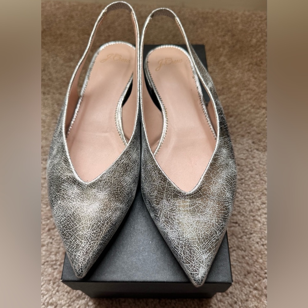 J. Crew Silver Flats with Textured Finish and Pointed Toe